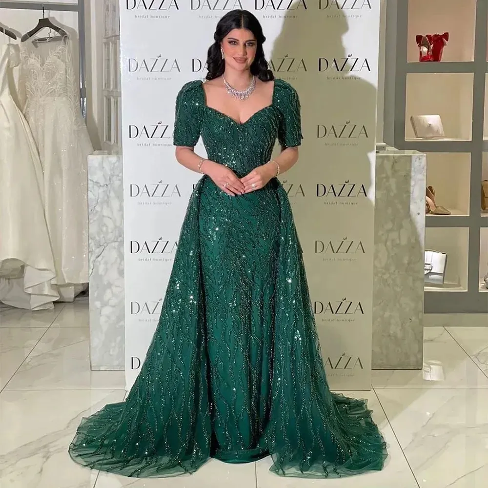 Dubai Green Sequined Beading Mermaid Evening Dresses With Detachable Train Saudi Arabic Women Party Prom Gowns Vestidos De 328