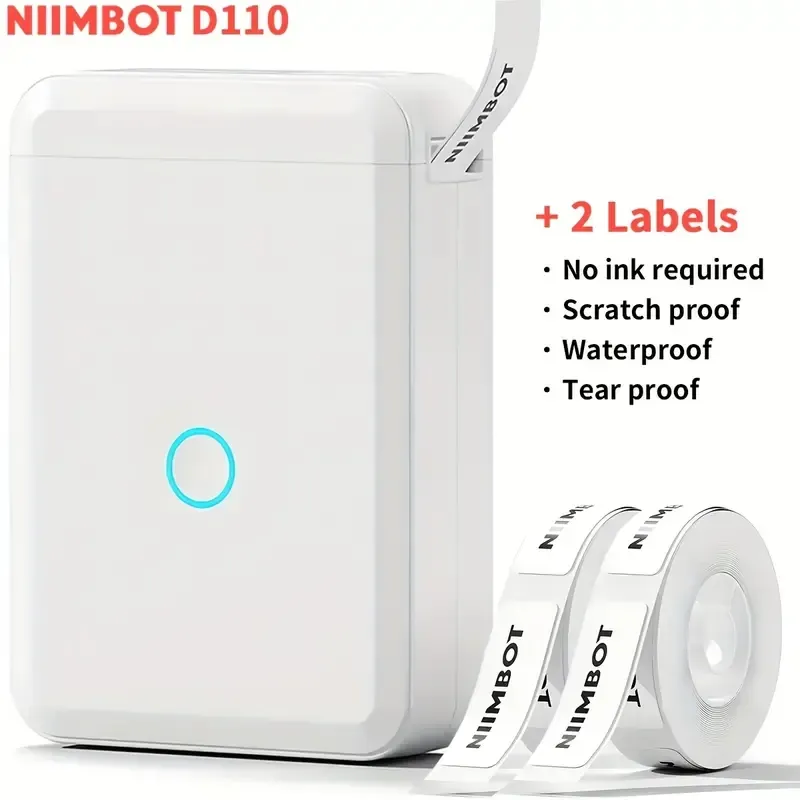 Com 2 etiquetas, máquina fabricante de etiquetas Niimbot D110, pequena mini impressora térmica portátil portátil, etiqueta à prova d'água, conexão BT, para códigos de barras de papel de telefone de escritório de loja