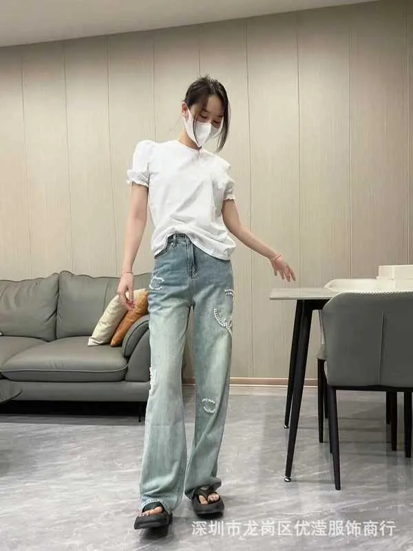 Jeans pour femmes Designer High Edition 23 Été Nouveau Français À La Mode Doux À La Main Perlé Jeans Taille Haute Lâche Pantalon Droit Pour Les Femmes 38AJ