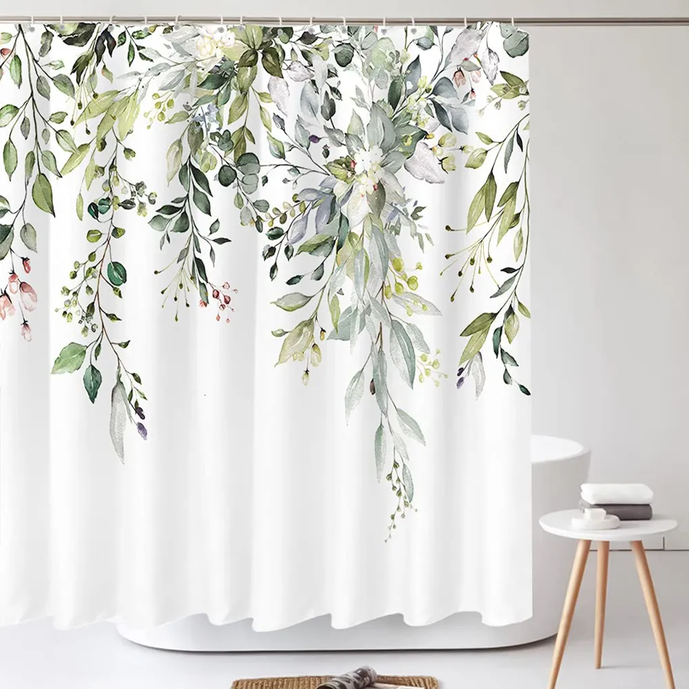 Douchegordijnen Groen Eucalyptus Douchegordijn Waterdicht Polyester Bedrukt Badkamer Partitie Decoratief Gordijn Met Plastic Haak 230919