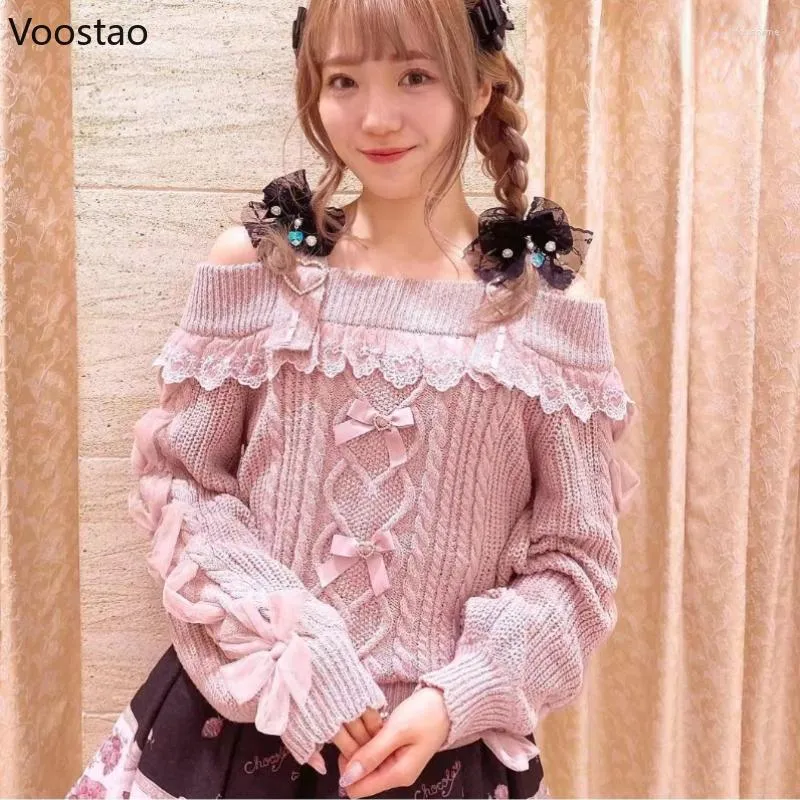 Dames Truien Vintage Zoete Lolita Stijl Gebreide Trui Herfst Meisjes Schattig Off Schouder Kanten Ruches Strik Trui Dames Harajuku Truien