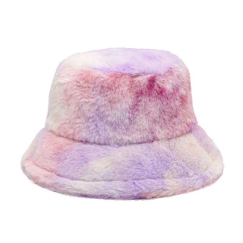 Stingy Brim Chapéus Mulheres Inverno Faux Fur Fluffy Bucket Tie Dye Ao Ar Livre Chapéu de Sol Quente Macio Veludo Furly Pescador Cap Senhora Moda Panamá Feminino 230916