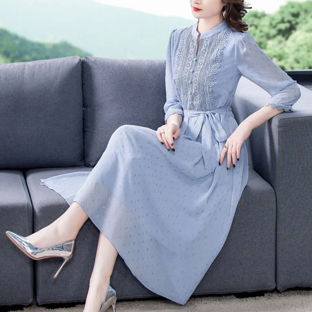 Chiffon Lace Dress For Women Spring Summer New Korean Version Fashion Style Slim Fit Over Knee Mid Length