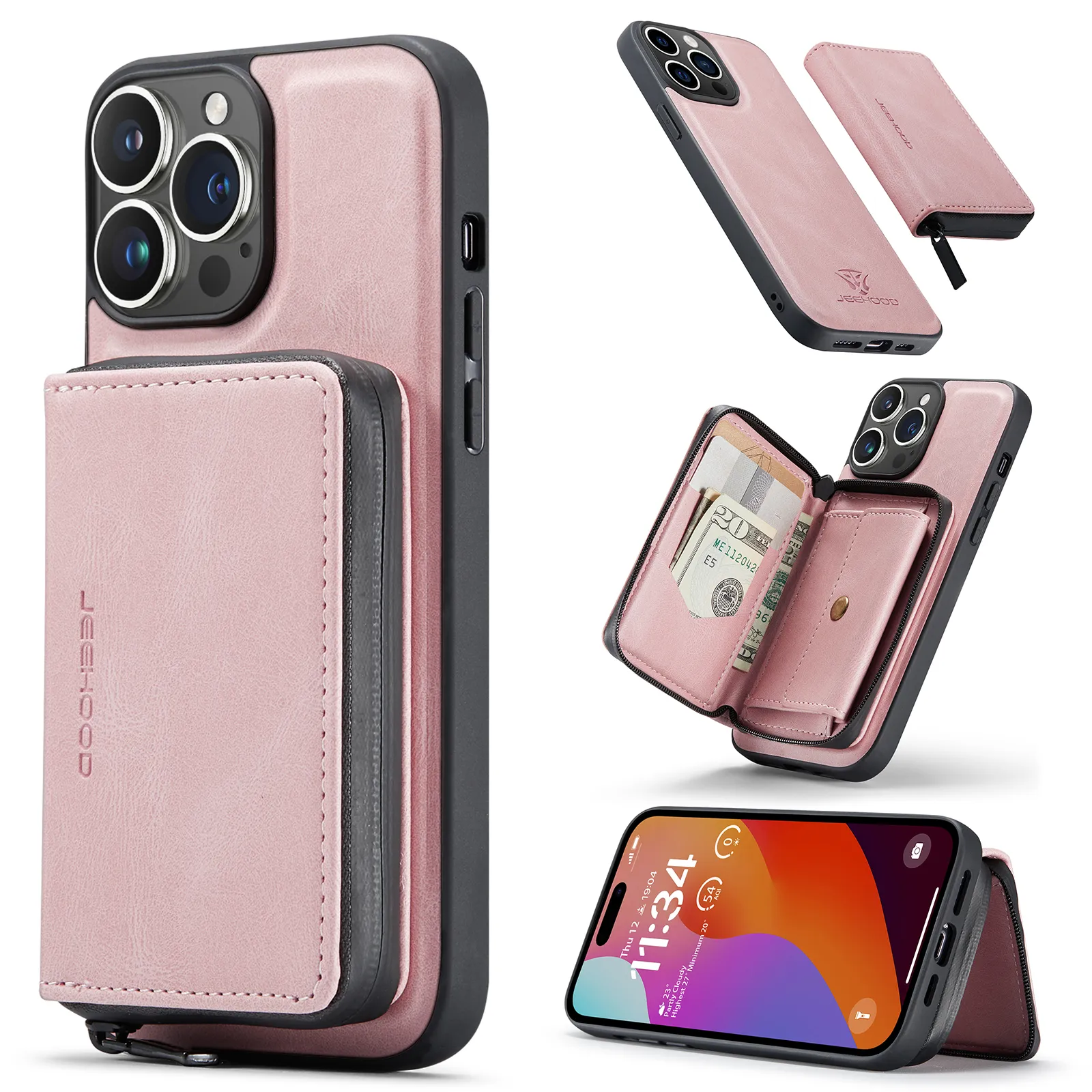 Shockproof Leather 2in1 Detachable Zipper Purse Card Holder Wallet Case For iPhone 15 Pro Max 14 13 12 11 XR XS X Kickstand Removable Phone Covers Conque