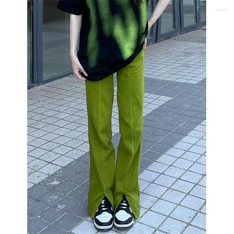 Jean femme automne bas vert taille haute mode Vintage Baggy fente jambe large pantalon rue droite vadrouille Denim pantalon