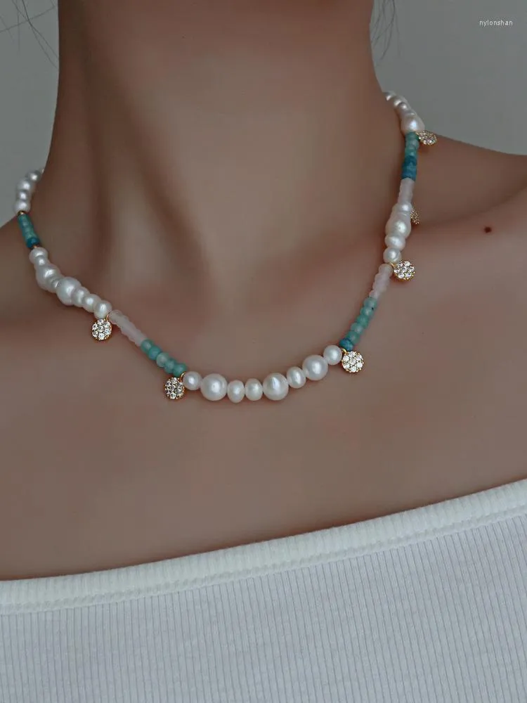 Pendant Necklaces Natural Freshwater Pearl Necklace Summer Blue Beaded Stone Collarbone Chain