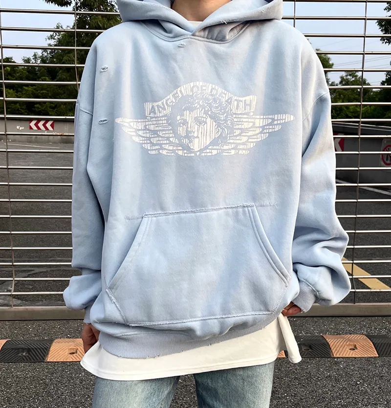 Men s Hoodies Sweatshirts Saint Michael Sulaman Huruf Biru Langit Retro Hoodie Hip Hop Sweter Bulu Longgar Kasual Amerika Jalan Tinggi 230920