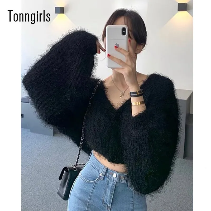 Womens Knits Tees Tonngirls Cropped Cardigan Sweater V-hals Mink Cashmere Cardiganwomen Christmas Sweater Fuzzy Cardigans Koreaanse winterjas 230920