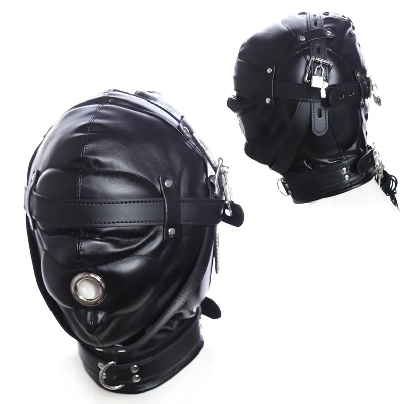 إكسسوارات الأزياء زوجين للبالغين ألعاب Cosplay Pu Leather Mask Hood Halloween Party Bondage Cover Face Sexy Full Head غطاء الرأس مع قفل