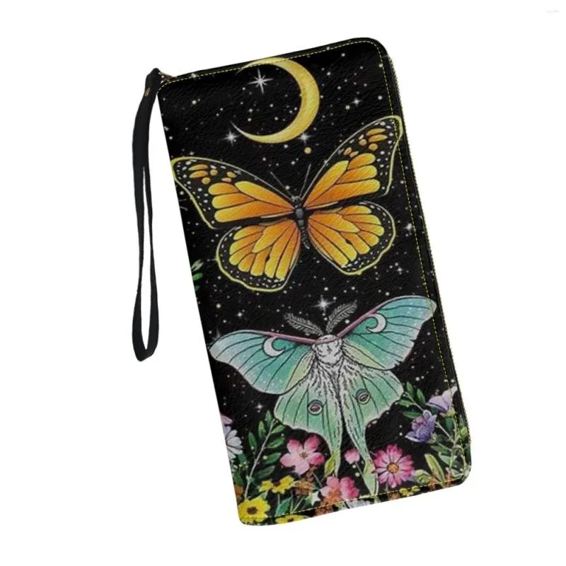 Plånböcker Belidome Butterfly Moon Wristlet Clutch mobiltelefon Plånbok för kvinnors pu läderkorthållare Multi Organizer Purse