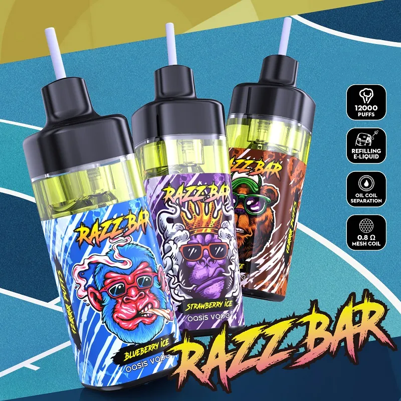 Original laddningsbar Razz Bar 12000Puffs engångsmaskspolvape pod pen e cigarettsatser 12k puffs 650 mAh batteri Förled 16 smaker snabbaste leverans