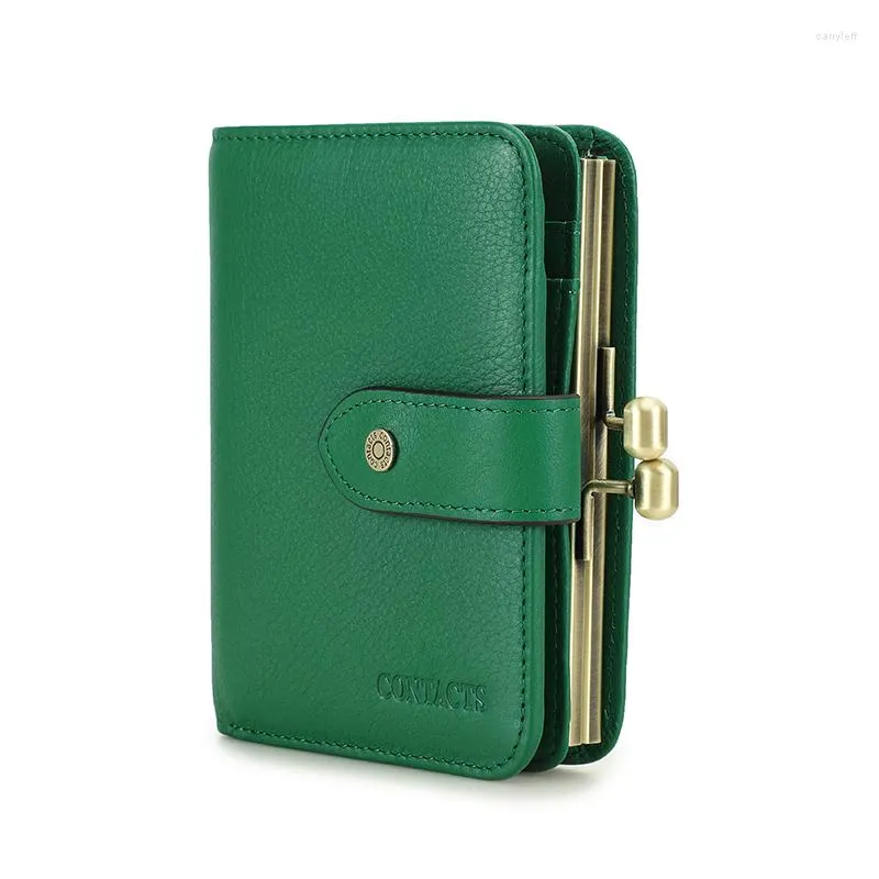 Wallets Contact'S Women Short Coin Purse Metal Frame Green Genuine Leather Wallet Holder Fashion Small For Woman