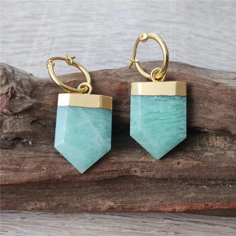 Boucles d'oreilles pendantes FUWO sculpté bouclier forme Amazonite couleur or fait à la main naturel vert minéral bijoux boucle d'oreille ER421 5 paires/lot