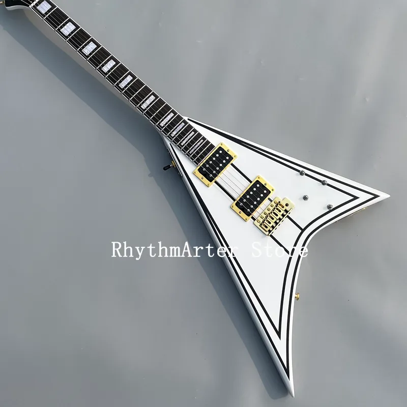 Custom shaped electric guitar, white V asymmetric body with black pattern, ebony fingerboard, gold color hardware, free shipping