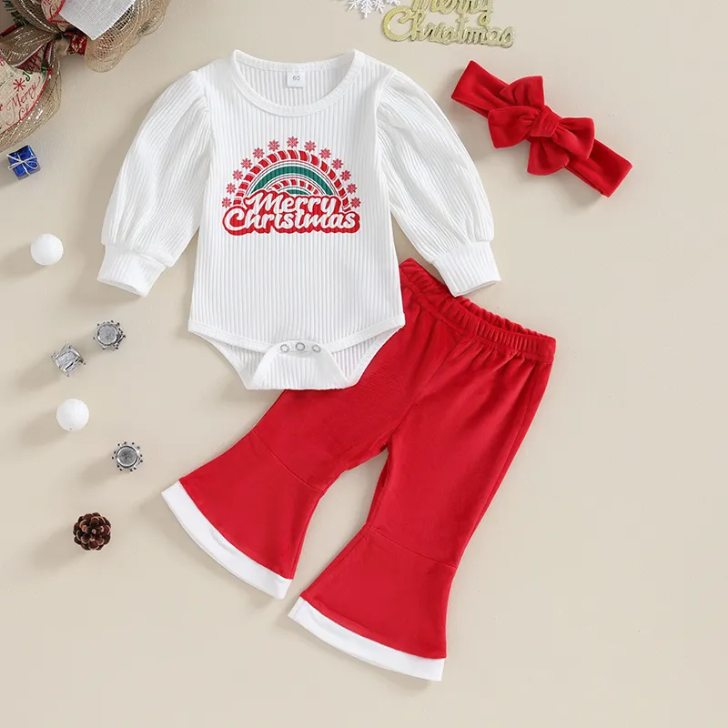 Kleidungssets Weihnachten 02Y Baby Mädchen Outfits Briefdruck gerippte lange Ärmel Strampler und ausgestellte Hosen Stirnband Herbstkleidung 230919