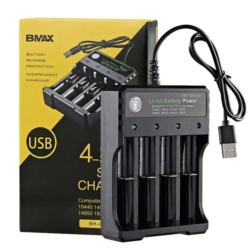 BMAX USB 18650 batterijlader 1 2 3 4 slots AC 110V 220V dubbel opladen voor 26650 18490 18350 oplaadbare batterijen oplader Smart Inteligent 6 beveiligingen