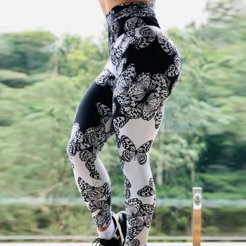 Czarny biały motyl drukujący legginsy fitness Kobiety jogging spodne