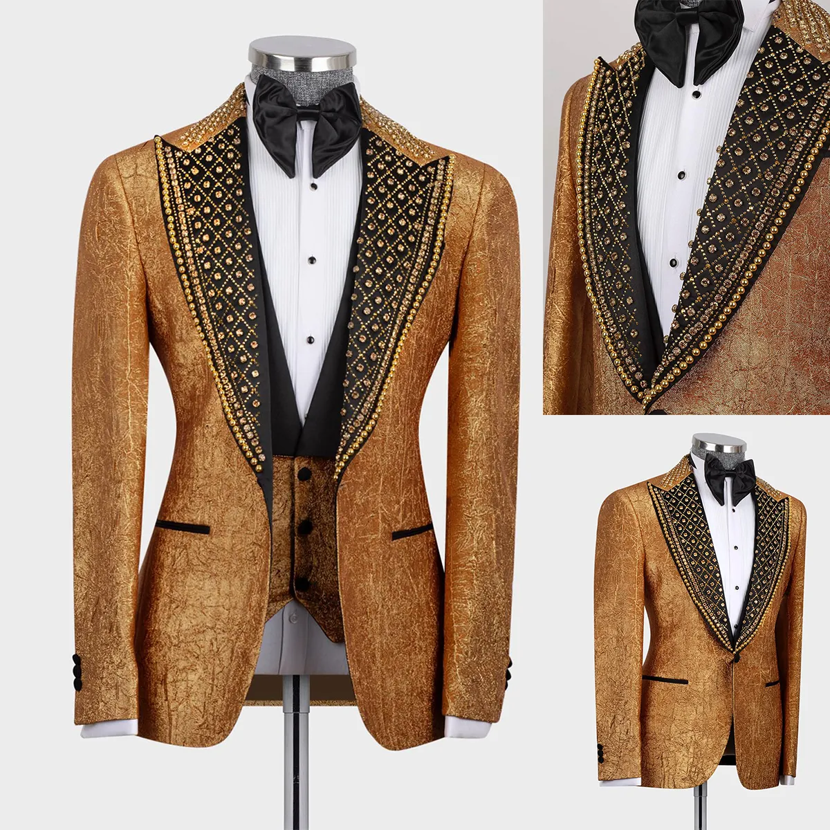 Goud Kralen Bruidegom Dragen Mannen Bruiloft Smoking Piekte Revers Jas Met Broek 3 Stuk Pakken Party Prom Outfits