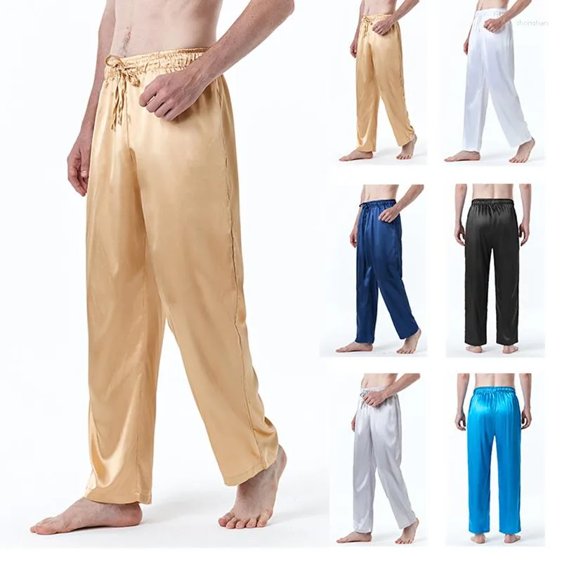 Men's Pants Solid Color Silk Pajamas European Size Lengthened Imitation Comfortable Home Yoga Casual Pant