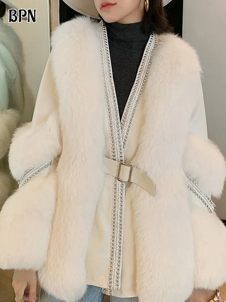 Women futra faux fur bpn eleganckie patchwork diamenty faux futra dla kobiet v szyja długie rękaw Soild splatane pasek płaszcz zimowy żeńska 230920