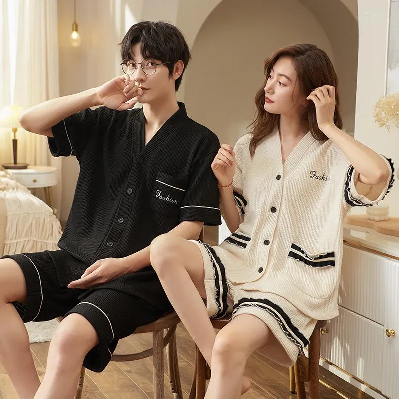 Men's Sleepwear 2023 Summer Pajamas Set For Couples Cotton V Neck Cardigan Home Clothes Women And Men Matching Pijamas Femme Homme Pjs