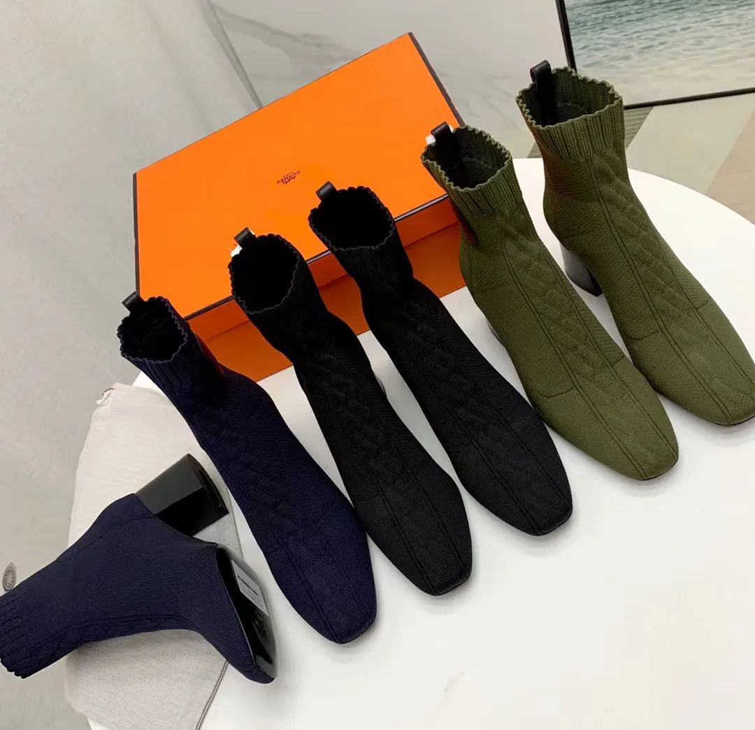 Winter Designer Her***Shoes Boots Socks Ankle Short Boots Knit Wool Women Toe Shoes Goat suede Natural Genuine Leather Buckle Block Tall boots Lady montage LX-AM-0070