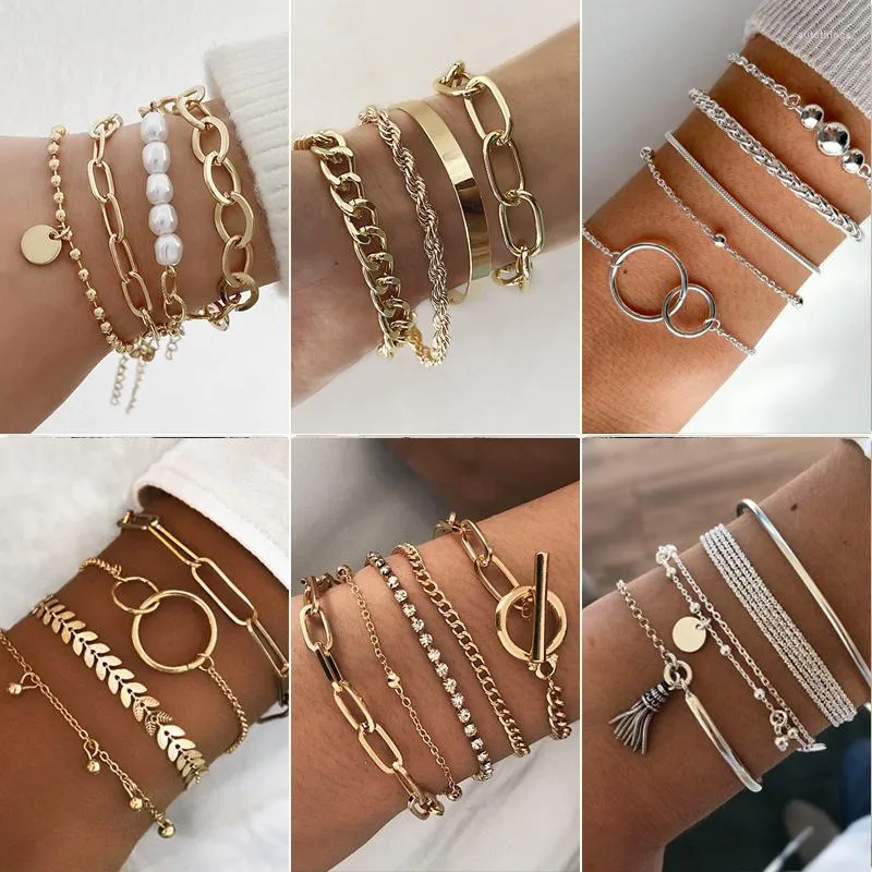 Link Bracelets Boho Thick Chain Golden Pearl Charm Bangles Fashion Jewelry 2023 Punk Curb Cuban Set For Women Gifts