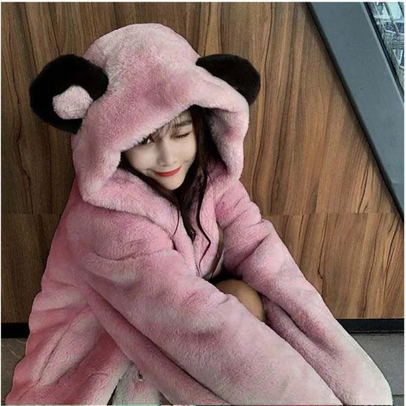 Women's Fur Winter Hooded Faux Jacket Women Teddy Bear Plush Fluffy Cute Pink Coat Thick Warm Kawaii Korean Outerwear