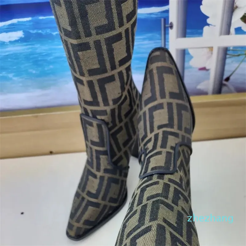 2023- knee boots square heels Fashion tall boot almond toe genuine leather hight heel booties luxury designers shoe women factory footwear