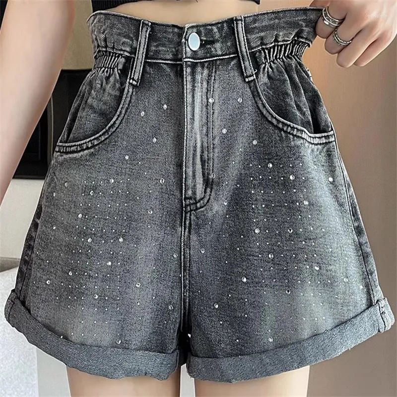 Kvinnors shorts avslappnad grå denim för kvinnor kläder 2023 vår sommar tunna blommor höga midja bred ben a-line byxor bc507