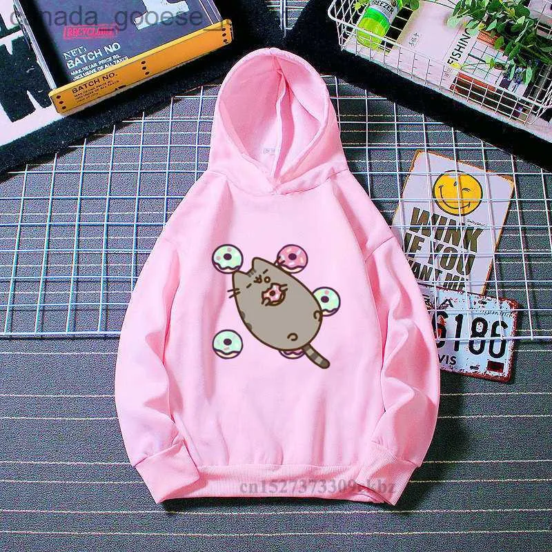 Felpe con cappuccio da uomo Felpe Kawaii Abbigliamento per bambini Caffè Gatto Amore Ciambella Stampa animale Felpa con cappuccio rosa Ragazze Harajuku Divertente Felpa gialla Abbigliamento per bambini CappottoL230920