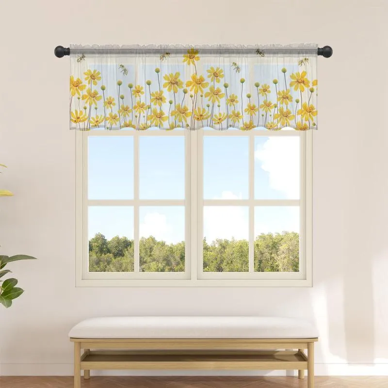 Rideau en Tulle court avec fleurs jaunes et abeilles, pour cuisine, café, Voile transparent, demi-rideau, porte de chambre à coucher