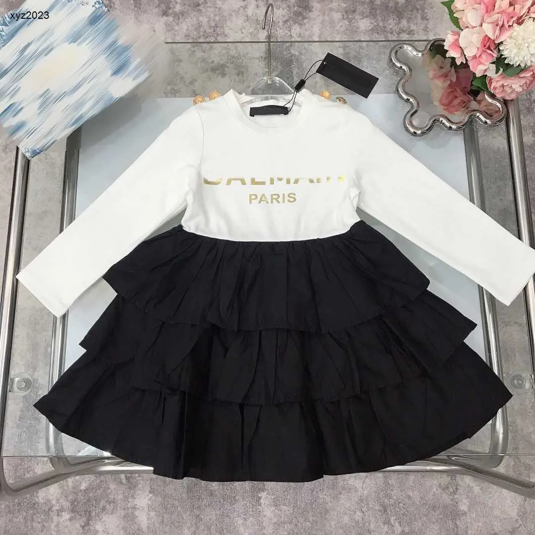 23ss baby clothes Gold letter printing girl dress designer Long sleeved Kids frock Size 100-150 CM Child Multi layered cake skirt Sep01