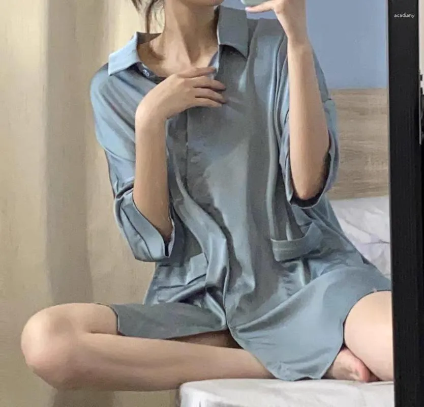 Women's Sleepwear Women Satin Shirt Nightdress Dressing Gown Lingerie Summer Nightgown Short Sleeve Bathrobe Nighty Dress Loungewear