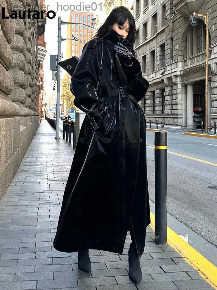 Damen-Trenchcoat aus Wollmischungen Lautaro, Frühling und Herbst, extra lang, übergroß, cool, reflektierend, glänzend, schwarzes Patenleder, für Damen, Gürtel, Laufstegmode, L230920