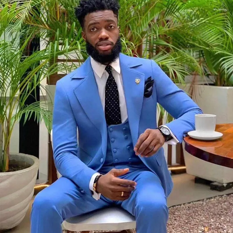 Men's Suits Latest Blue Slim Fit Men 2023 Wide Notch Lapel Groom Wedding Tuxedo Male African Fashion 3 Piece Suit (Blazer Vest Pants)