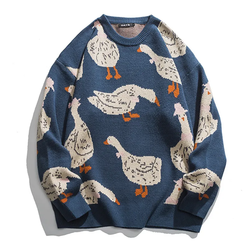 Men's Sweaters Japanese Knitted Sweater Men Cartoon Animal Duck Goose Print Pullover Harajuku Casual Oneck Oversize Top Streetwear Unisex Fall 230919