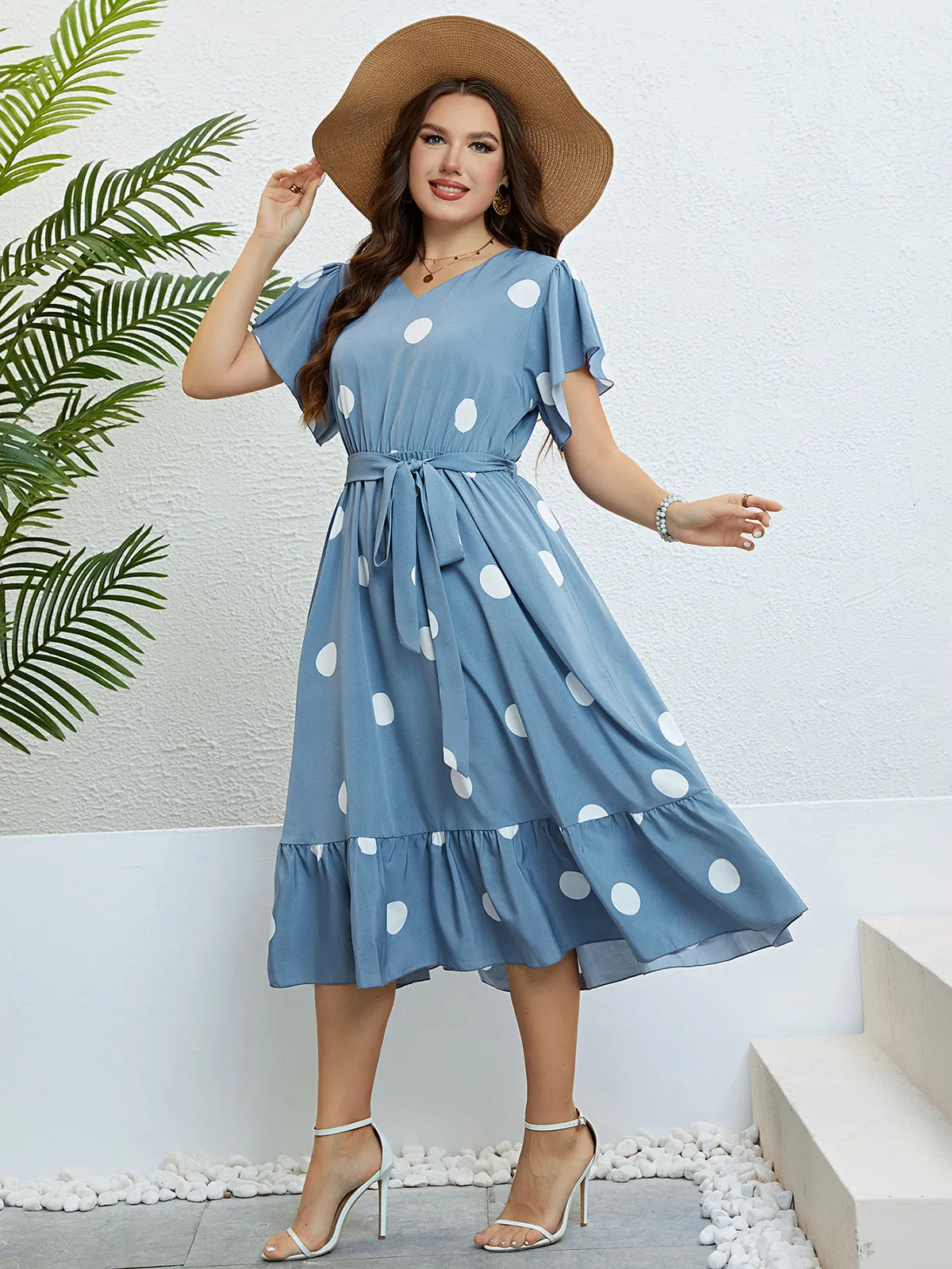 Plus size Dresses Aline Size Pullover Elegant Blue Summer Vneck Strap Waist Slimming Dress Woman Silky Polka Dot Print Midi 230920