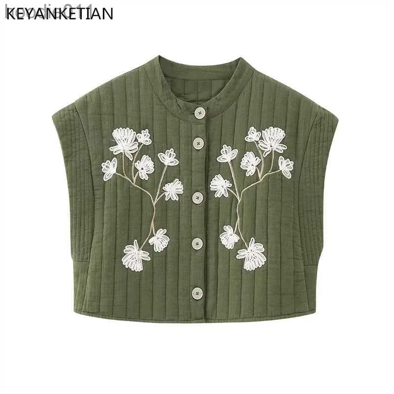 Damen Daunenparkas KEYANKETIAN Neue Blumenstickerei Kurz gepolsterte Weste Frauen Retro-Stil Einreiher Armeegrün ärmelloser Jackenmantel dünn L230920