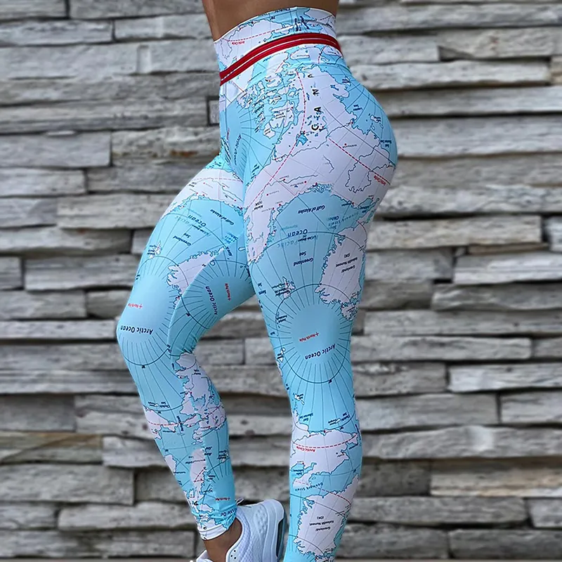 Mapa mundi impresso digital em 3D Academia Sport Leggings Mulheres Exercício Push Up Cintura Alta Fitness Leggins Calças de Yoga Elásticas Apertadas Calças Atléticas de Corrida