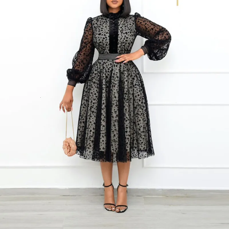 Plus size Dresses plus Lace Patchwork See Through Full Sleeve Office Ladies High Waist Shirt Evening Party Occasion A Line Midi 230920