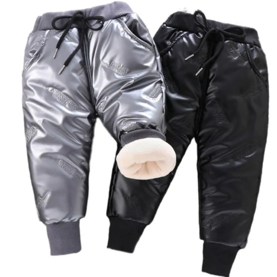 Pantalons d'hiver garçons en cuir léger triple couche doublé polaire épais pour filles mode enfants chaud élastique long pantalon en coton 230920