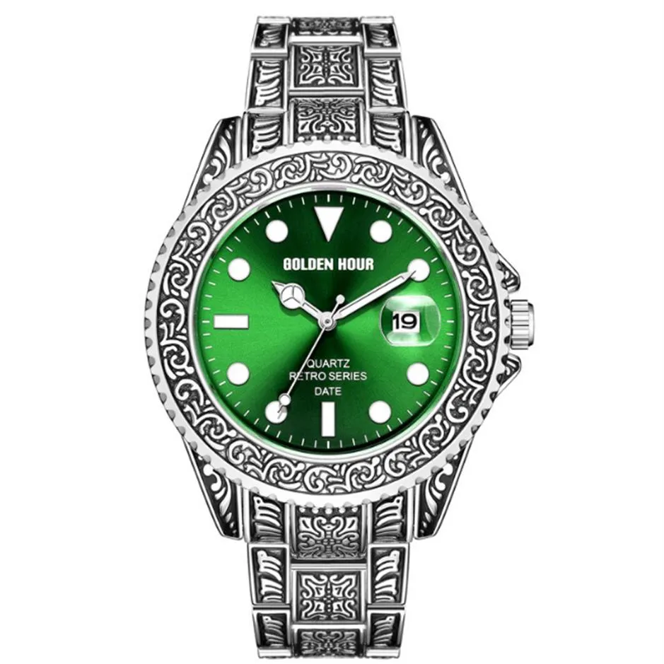 Gh132 relógio masculino clássico de quartzo, estilo retrô, aço inoxidável, 43mm de diâmetro, elegante, hora dourada, marca, data, windowl, pulso 2474