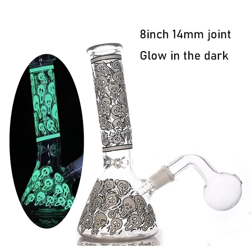 Le moins cher 8 pouces SKULL styles verre brûleur à mazout Bong mini conduites d'eau brillent dans le noir petites plates-formes de Dab d'huile 14mm Joint recycleur bécher Bongs avec tuyau de brûleur à mazout en verre mâle