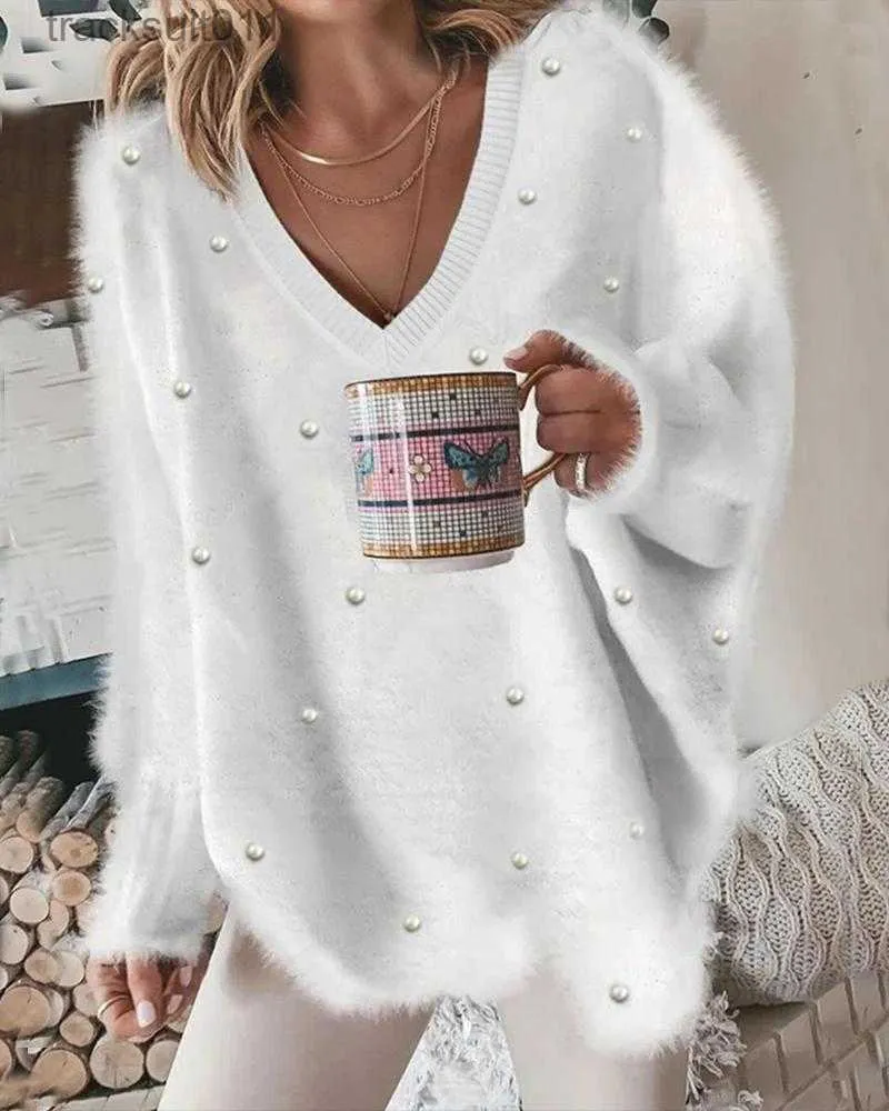 Women's Sweaters Beaded Decor Long Sleeve Fluffy Top Women Spring Summer Pullover V Neck Pearls Solid Color Loose Fashion Tops Blouse Sweater L230921