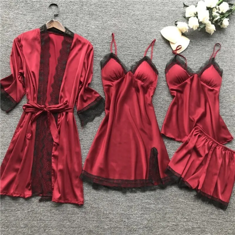 Damen-Nachtwäsche, 4-teiliges Set, Schlafanzug, Damen-Spitzen-Set, sexy V-Ausschnitt, Cami-Nachthemden, bequeme Pyjama-Nachtwäsche, Frühlings-Nachthemd, modische Heimkleidung 230920