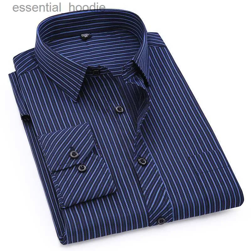 Herrklänningsskjortor plus stor storlek 8xl 7xl 6xl 5xl 4xl Slim Fit Mens Business Casual Long Sleeved Shirt Classic Striped Male Social Dress Shirts L230921