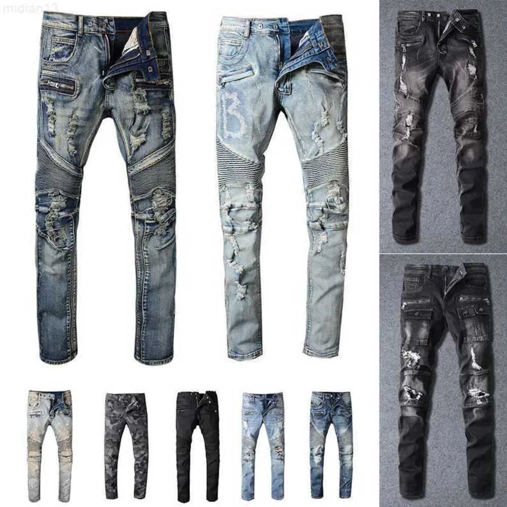 Мужские дизайнерские джинсы потертые рваные байкерские облегающие мотоциклетные байкерские джинсы для мужчин Модные мужские черные брюки Pour Hommestm6b