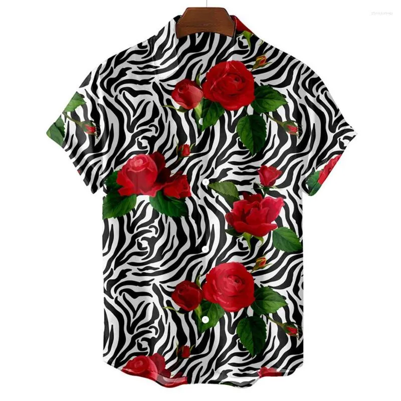 Men's Casual Shirts Fashion Lapel Shirt Zebra Pattern Rose Print For Men Button Short Sleeve Tops Street Hip-hop Clothes Tshirt