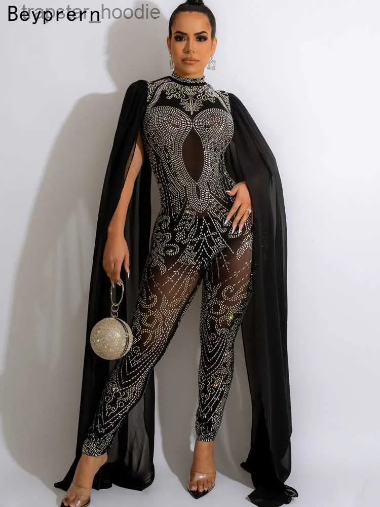 Women's Jumpsuits Rompers Beyprern Beautiful Cape Sleeve Mesh Crystal Jumpsuits Women Rompers Luxury See-Through Sequins Party Jumpsuits Birthday Outfits L230921